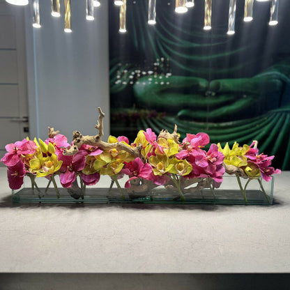 Moderne Haus-Glasvase mit pinkfarbenen Vanda-Orchideen und grünen Cymbidien